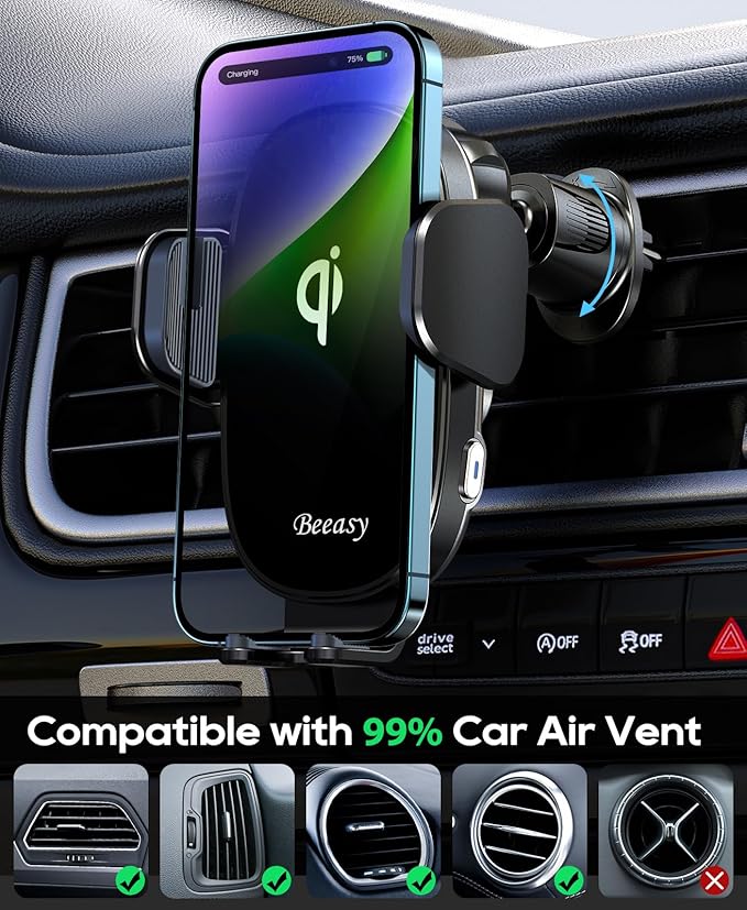 Beeasy Wireless Car Charger, 15W Fast Charging Auto Clamping Car Charger Cell Phone Holder Mount Vent for iPhone 15 14 13 12 Pro Max 11 XR XS X, Samsung Galaxy S24 Ultra S23 S22 S21+ Note 20, etc