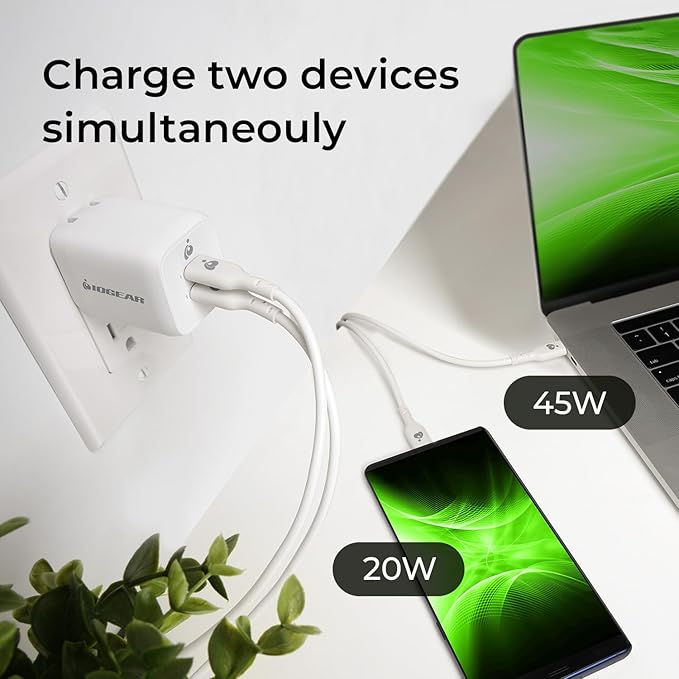IOGEAR GearPower Dual USB-C 65W GaN Charger, PPS, 2 Port Fast Charger, Compact, Compatible with MacBook Pro/Air, Galaxy S20 and Above, iPhone 8 and Above - GPAWC65W
