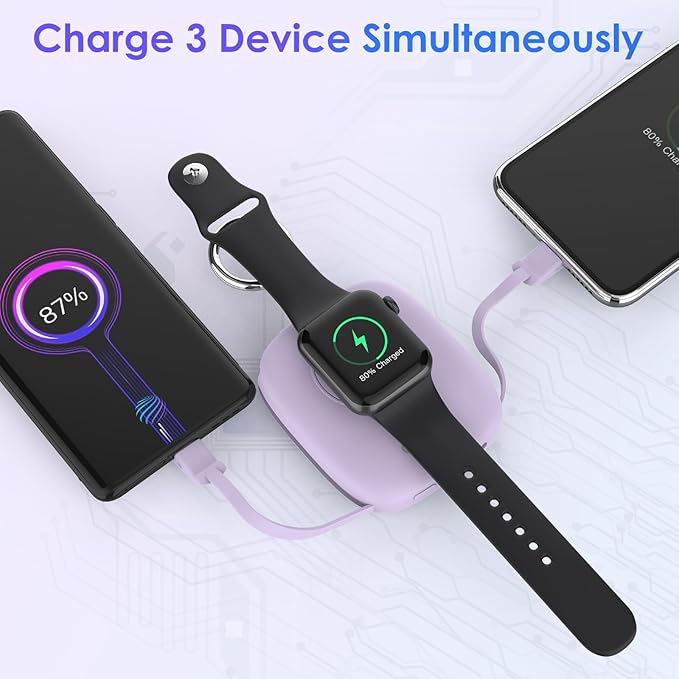 Small Portable Charger 5000mAh,iWatch Wireless Charger Mini Power Bank with Built-in Cable,Travel Keychain Charger for Apple Watch 10/9/Ultra2/8/Ultra/7/6/Se/5/4,iPhone 17/16/15/14/13/12,Android Phone