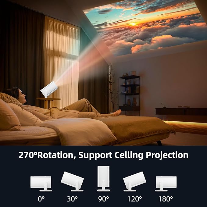 Mini Projector, Portable Projector 4K Support, Full HD 1080P Outdoor Projector, 270° Rotation Movie Projector, Compatible with Smartphone, TV Stick, Laptop, PS4, HDMI, USB (No WiFi or Bluetooth)