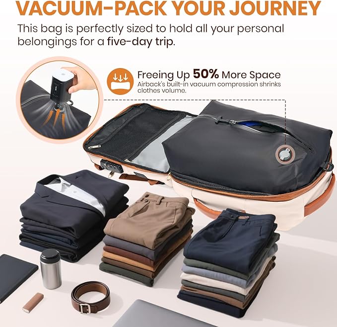 Fanwoli Vacuum Travel Backpack, Carry On Luggage with TSA Lock & Anti Theft Zipper, 60L Expandable Airback with Compression Pump, Waterproof Laptop Bag Ideal for Flight & Business,White