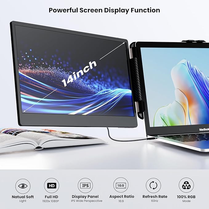Laptop Screen Extender Kwumsy S2 Triple Monitor Extender Ultra Slim 14" 1080P FHD IPS Portable Monitor for Laptop with Stand Compatible with Mac Windows Linux Switch PS4/5