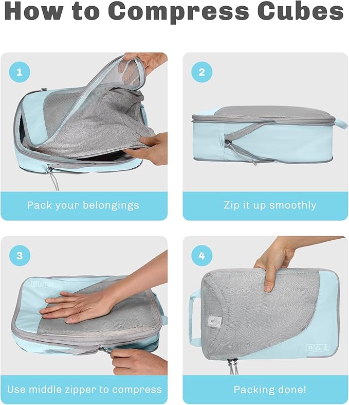 Hynes Eagle 6 Set/ 4 Set/ 2 Set Compression Packing Cubes Travel Essentials Lightweight Nylon Luggage Suitcase Organizer Bag Light Blue 6PCS