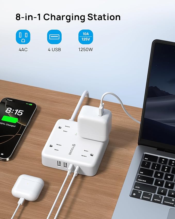 TROND Surge Protector Power Strip with USB Ports, 10ft Flat Plug Extension Cord with Multiple Outlets, 1440J, Wall Mount for Home Office Dorm Room Essentials, White