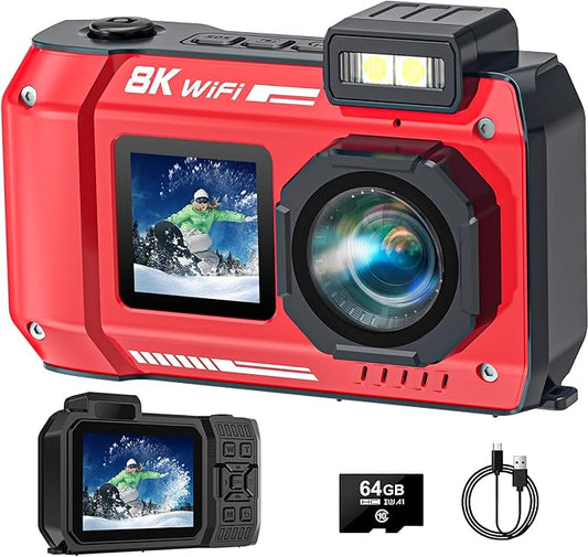 UHD 8K Underwater Camera, 70MP 33FT WiFi Waterproof Digital Camera with 64GB Card, Auto Focus Waterproof Dual-Screen Selfie 2500mAh Battery, 16X Floatable Digital for Snorkeling, Red