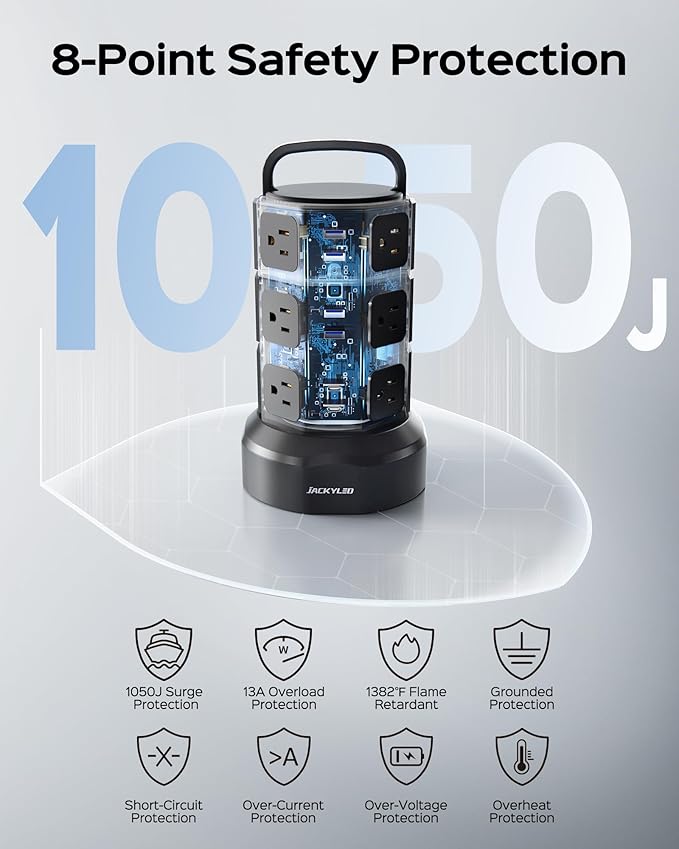 Power Strip Tower Surge Protector, JACKYLED 12 Outlets 6 USB (2 USB C) Charging Station, Extension Cord with Multiple Outlets, 1050J 1625W/13A Outlet Extender 6.5ft Extension Cord for Home Office