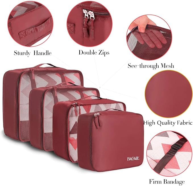 BAGAIL 8 Set Packing Cubes Luggage Packing Organizers for Travel Accessories-Wine Red