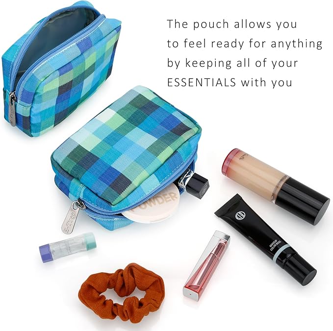 E-Tree Cute Small Makeup Bag,Cosmetic Toiletry Make up Little Items Pouch for Purse,Zipper Mini Tech Charger Cable Electronic Organizer Case,Travel Accessories for Women Men Teen,Blue Checkered