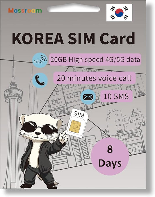 South Korea Travel SIM Card, 8 Days Plan - 20GB High-Speed Data - 20 Min Calls & 10 Texts - Prepaid & No Roaming Fees - Easy Activation