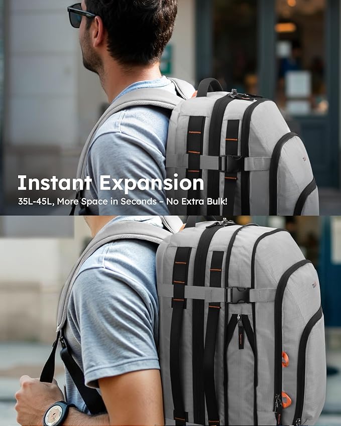 Tolaccea Travel Backpack, TSA Friendly Flight Approved Carry-on Luggage Water-resistant Business Rucksack, Durable Large Computer Bag Daypack Fits 15.6 Inch Laptop, 35-45L Expandable - Grey