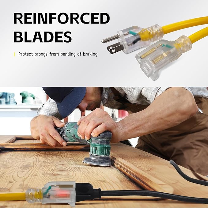 EP 50 ft Lighted Outdoor Extension Cord - 12/3 SJTW Heavy Duty Yellow Extension Cable with 3 Prong Grounded Plug - 15AMP Power Cord for Lawn, Garden, Appliances