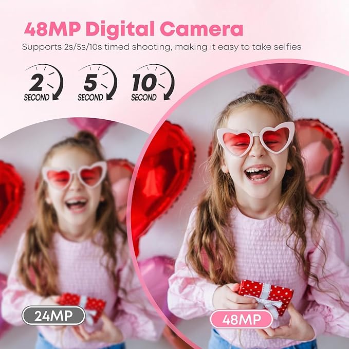 Digital Camera, Autofocus 4K Vlogging Camera for Photography with 64GB Card, Full HD 4K Point and Shoot Camera Portable Compact and Shoot Digital Camera for 16X Zoom, Anti-Shake, for Beginners, Pink