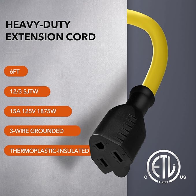 BN-LINK 6ft Outdoor Extension Cord, 12/3 SJTW Heavy Duty Power Cord, 3-Prong Grounded Plug, Weather Resistant, 15A, 1875W, Yellow, for Lawn, Garden, Appliances, ETL Listed