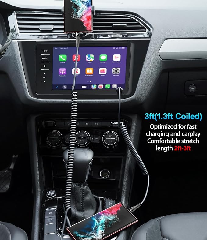 USB C to C Cable 3FT for Car, Coiled USB C Cable Fast Charging for iPhone 16, Short USB Type C Cable for iPhone 17/16/15/Pro Max/Plus/Samsung Galaxy S23, Compatible All Type C Devices-Black