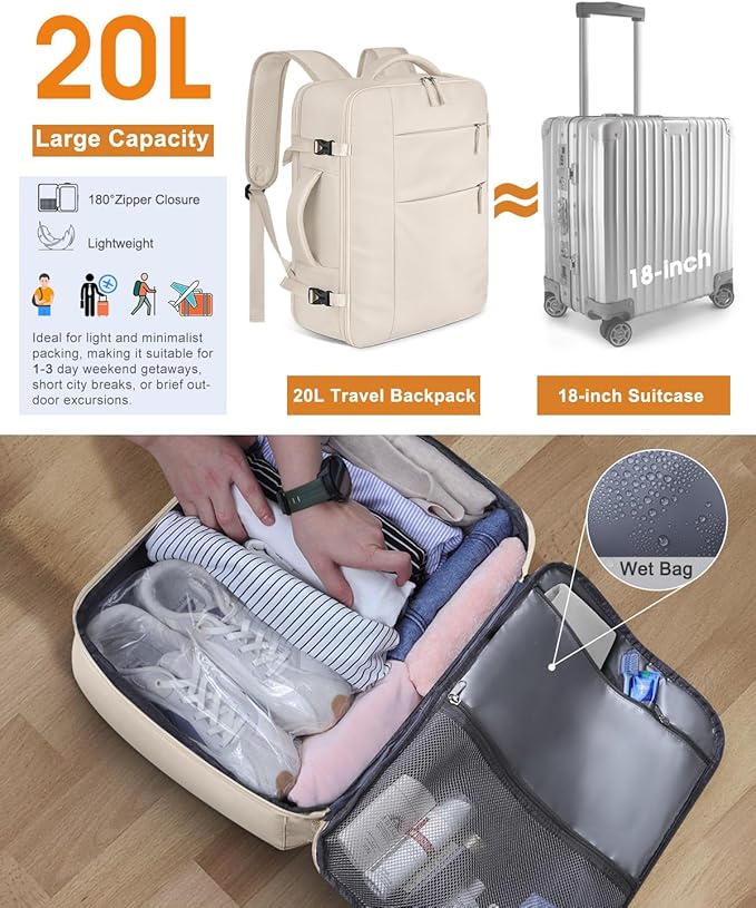 Capolo Travel Backpack for Women Men Waterproof Laptop Backpack Airlines Approved Carry On Backpack Bag Computer Bookbag for Business, Work, Traveling Fits 15.6 Inch Laptop(Beige)