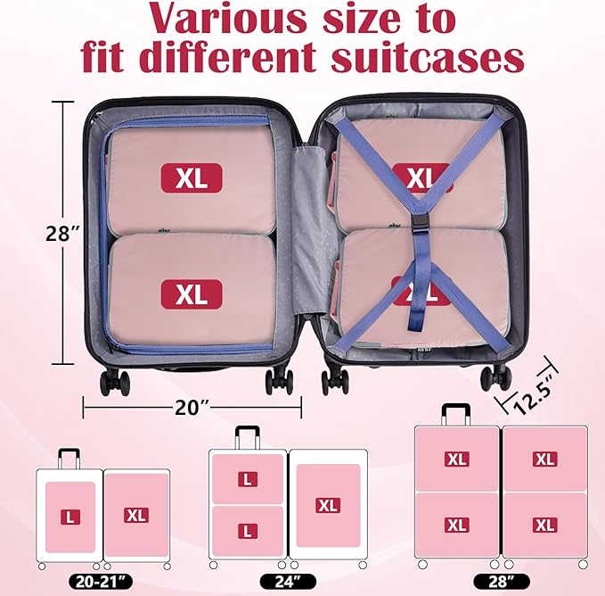 Extra Large Compression Packing Cubes for Travel Essentials, 2 Set Expandable Travel Cubes for Packing Compression Bags Luggage Suitcase Organizer, Pink