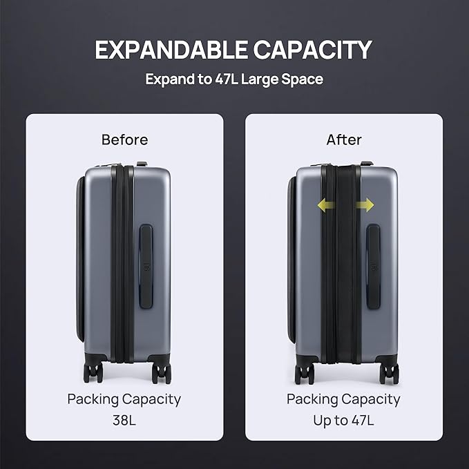 NINETYGO Carry on Luggage 22X14X9 Airline Approved with Front Laptop Pocket, 20 Inch Luggage with Front Compartment, Expandable, Double Spinner Wheels, Hardsided PC, TSA Lock (Cool Grey, Seine Max)