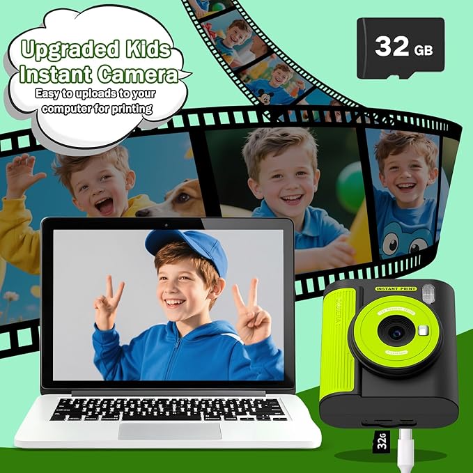 Zicor Kids Camera Instant Print, HD Digital Video & Instant Print Camera for Kids, Fun Christmas Birthday Gifts for Boys and Girls, Comes with 32GB SD Card, Lightweight & Portable - Black