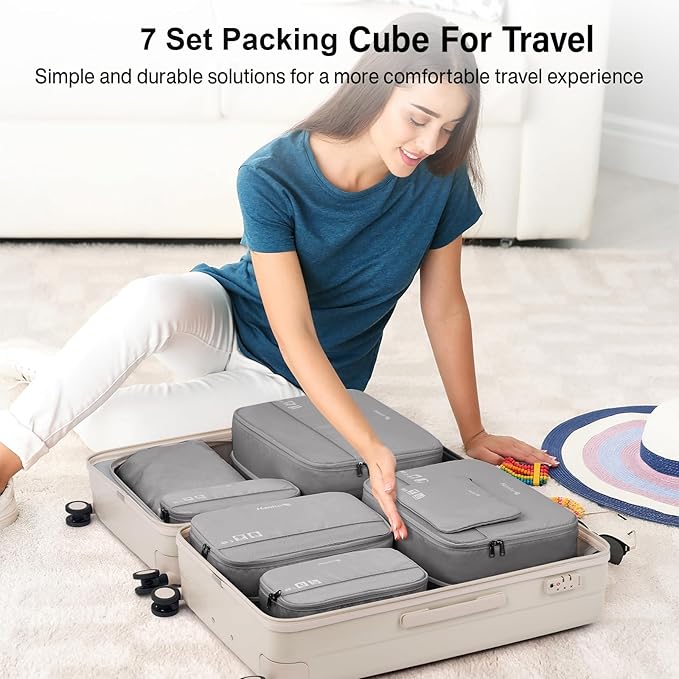 Compression Packing Cubes (Pack of 7), Expandable Luggage Organizer Bags, Hanke Packing Cubes for Travel, Double Zipper Durable Travel Packing Organizers for Suitcase Backpack and Carry-On
