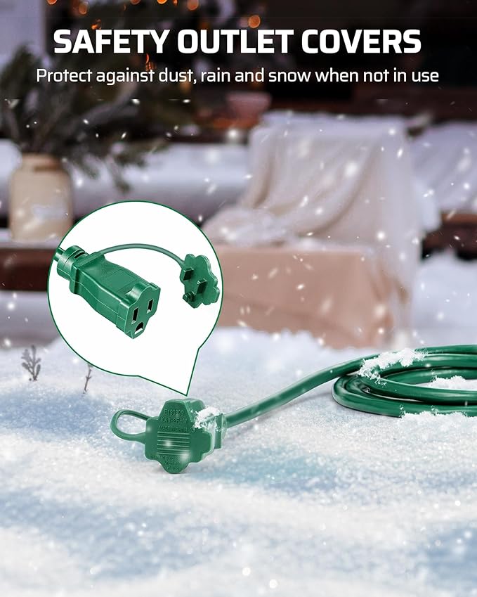 DEWENWILS 25Ft Outdoor Extension Cord, Evenly Spaced 3 Outlets Plugs with Safety Cover, 16/3 SJTW Weatherproof Wire for Outdoor String Lights, UL Listed