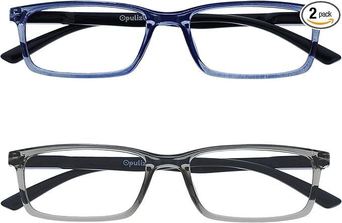 OPULIZE SEE Reading Glasses with Blue Light Blocking for Women and Men, Narrow Frame, Spring Hinges, Computer Gaming Glasses, Blue,Grey +2.5 (Pack of 2)