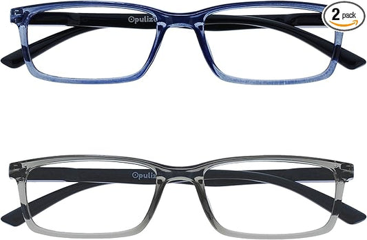 OPULIZE SEE Reading Glasses with Blue Light Blocking for Women and Men, Narrow Frame, Spring Hinges, Computer Gaming Glasses, Blue,Grey +3.5 (Pack of 2)