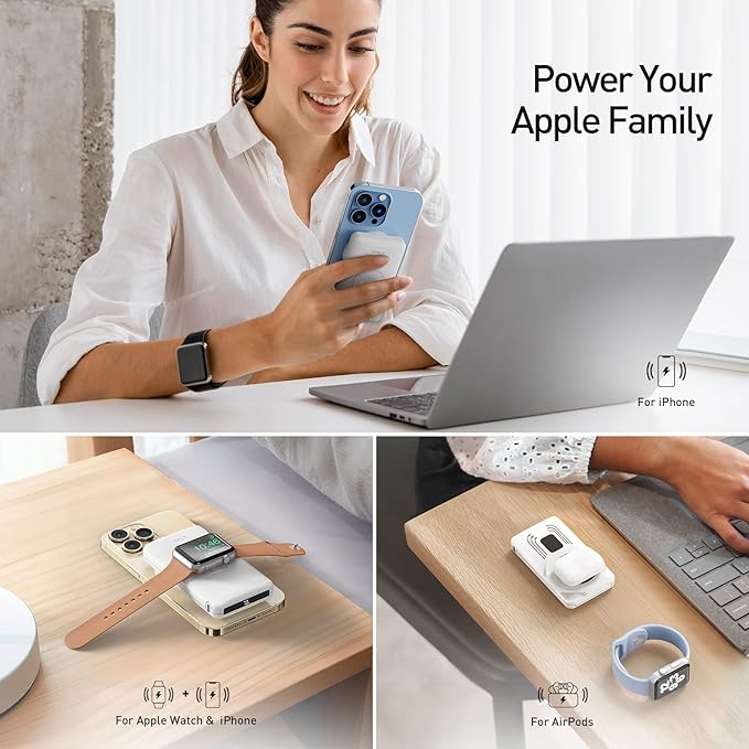 iWALK Magnetic Wireless Power Bank with iWatch Charger,10000mAh PD Fast Charging Portable Charger Compact Battery Pack Compatible with iPhone 17/16/15/14/13/12 Series,Apple Watch Ultra/8/7/6/5/4
