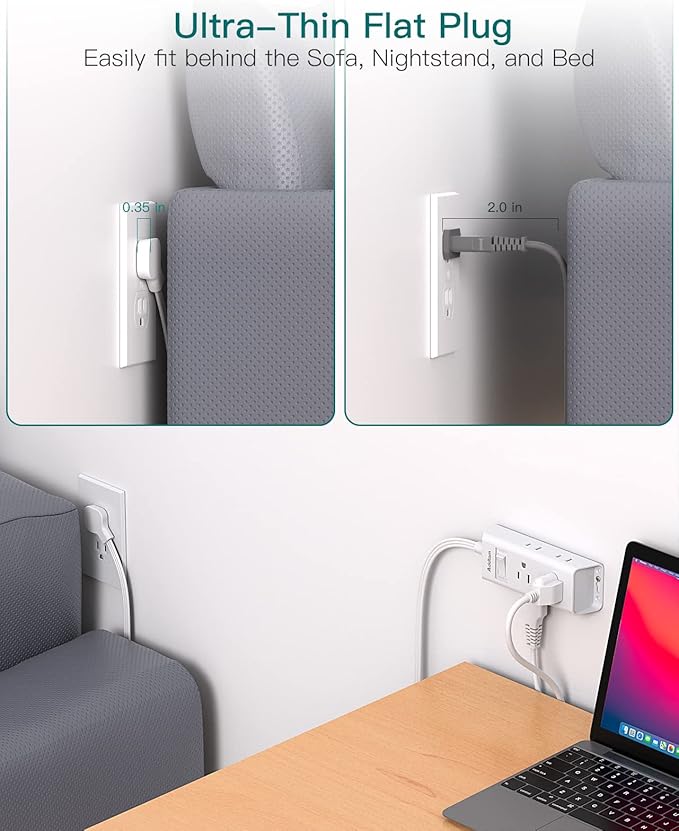 Flat Extension Cord 25 ft, Addtam Flat Plug Power Strip with 6 Outlets Extender, Long Extension Cord with Multiple Outlets, Wall Mount for Home Dorm Room Essentials, ETL Listed