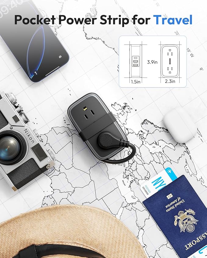 Travel Power Strip with USB C Port, NTONPOWER Flat Plug Extension Cord with 4 Outlets 3 USB (1 USB C) for Cruise Ship Essentials, 4ft Wrapped Short Extension Cord for Hotel Dorm Room,1 Pack