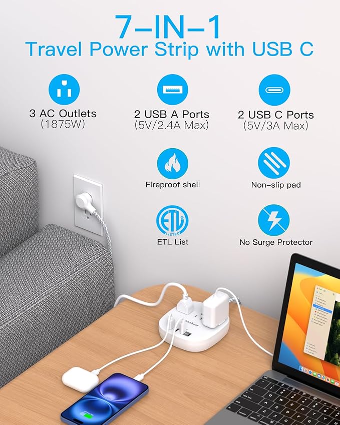 Cruise Essentials 2025,One Beat Travel Power Strip with 3 Outlets 4 USB Ports 3.1A,3ft Flat Plug Extension Cords Desktop Charging Station for Travel Home Office,Cruise Ship Essentials,ETL Listed