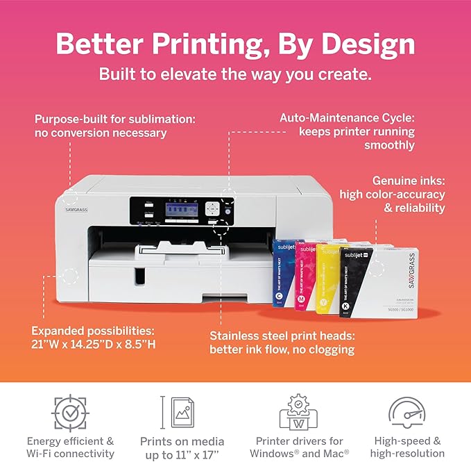 Sawgrass SG1000 Sublimation Printer Bundle | Professional Dye-Sublimation Printer with 31mL SubliJet UHD Inks & TruePix Paper | Prints Up to 11”x17” | Wi-Fi | Auto-Maintenance | Business-Ready