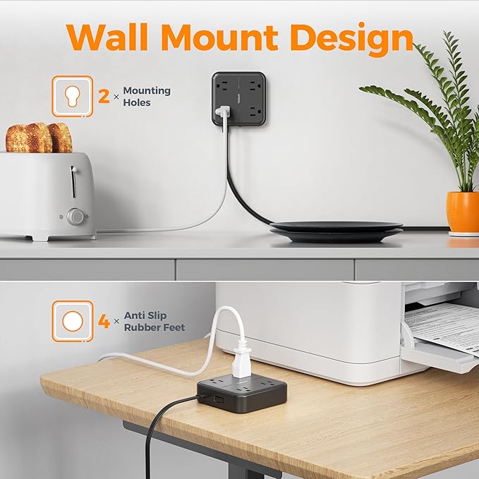 Surge Protector Flat Extension Cord 5FT, TESSAN Flat Plug Power Strip with 4 Outlets 3 USB C Ports (1 USB C), 900 Joules Protection, Multiple Wall Outlet Extender Suitable for Home Office Dorm, Black