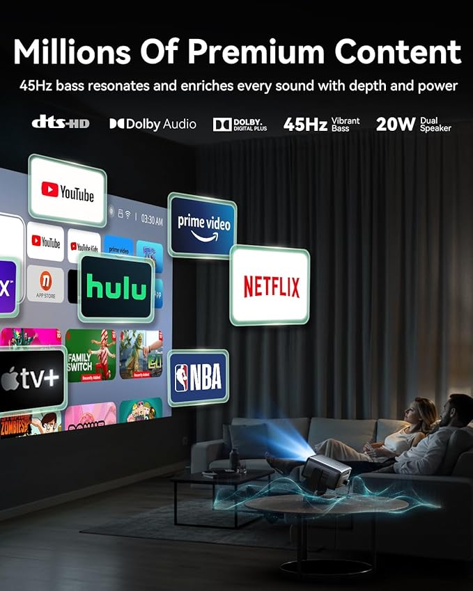 4K Projector Decoding Support, Projector with WiFi and Bluetooth, Native 1080P mini projector, 180° Rotatable with Auto Keystone, 200'' Screen Portable Outdoor Home Theater Movie Smart Projectors