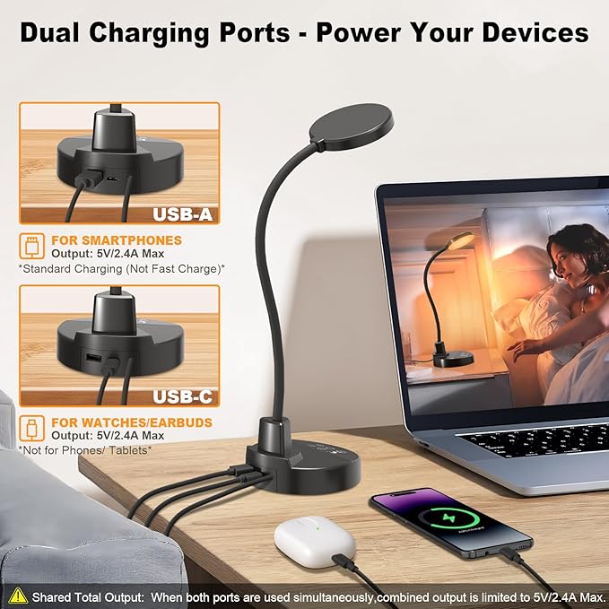 15W LED Desk Lamp with USB Charging Ports – Dimmable Table Lamp with 3 Color Temps, 5 Brightness, 4 Timers, Flexible Gooseneck Light with Base, Eye-Caring Reading Light for Home Office, Bedroom, Study