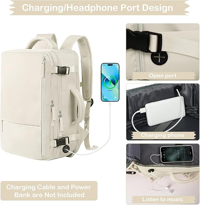 Hanples Large Travel Backpack for Women, 40L Carry on Luggage Backpack, College Laptop Backpack Airline Approved Business Work Bag Fits 17 Inch Computer for Men with 2 Toiletry Bags (Beige)