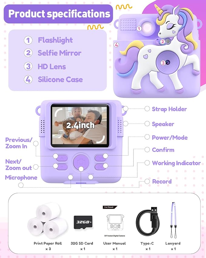 Kids Camera Instant Print Gifts for Girls Age 4-12, Instant Camera for Kids with Silicone Cover, 1080P Kids Digital Camera Toys for 3 4 5 6 7 8 9 10 Years Old Girls 32GB Card Lilac