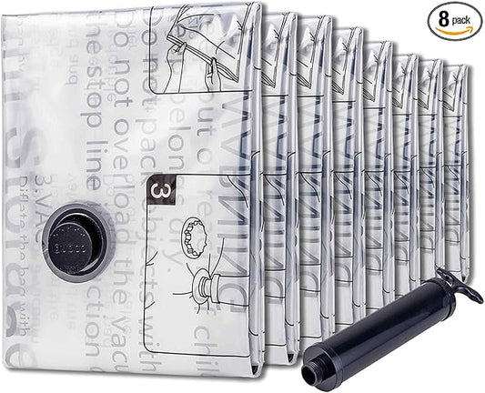 SUOCO Travel Vacuum Seal Bags for Clothing with Hand Pump, 8 XL Compression Packing Bags for Luggage Suitcase, Space Saver Storage