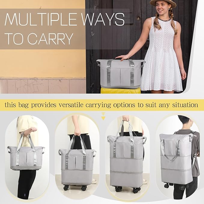 VOOWO Duffel Bag with Wheels - Rolling Foldable Expandable Duffle Bags with Wheel for Travel, Rolling Luggage Carry On Travel Bag, Large Wheeled Overnight Weekender Bag (Gray)