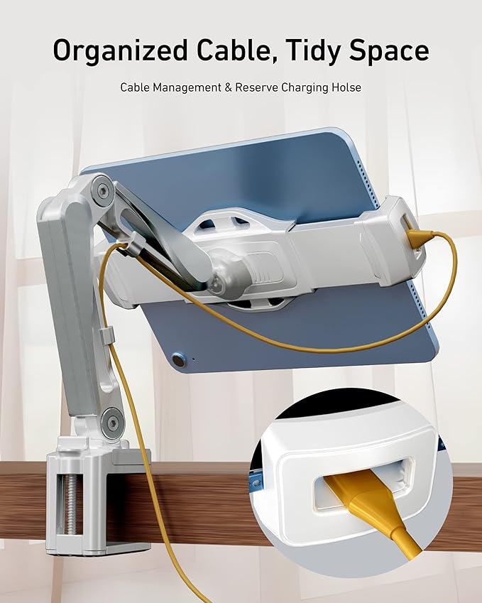 Phone & Tablet Mount with Cable Management, Tablet Holder for Desk/Headboard for Recording/Filming