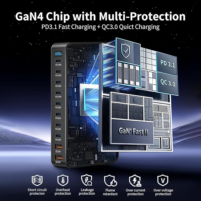 1000W 10-Port GaN 4 Desktop Charging Station with 240W 6.6 ft Data Cable - Compatible with Tablets, Phones, Laptops, Gaming Consoles, Headphones