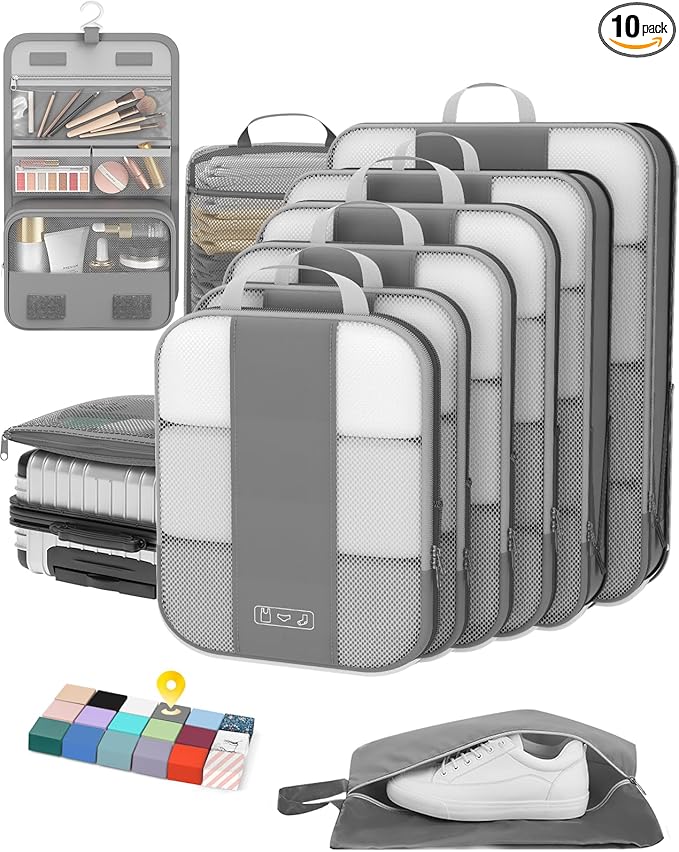10 Set Compression Packing Cubes for Travel Essentials,Compressible Expandable Packing Cubes for Suitcase,OlarHike Luggage Organizer Bags for Travel,Handy Helper for Organizing Clothes(Gray)