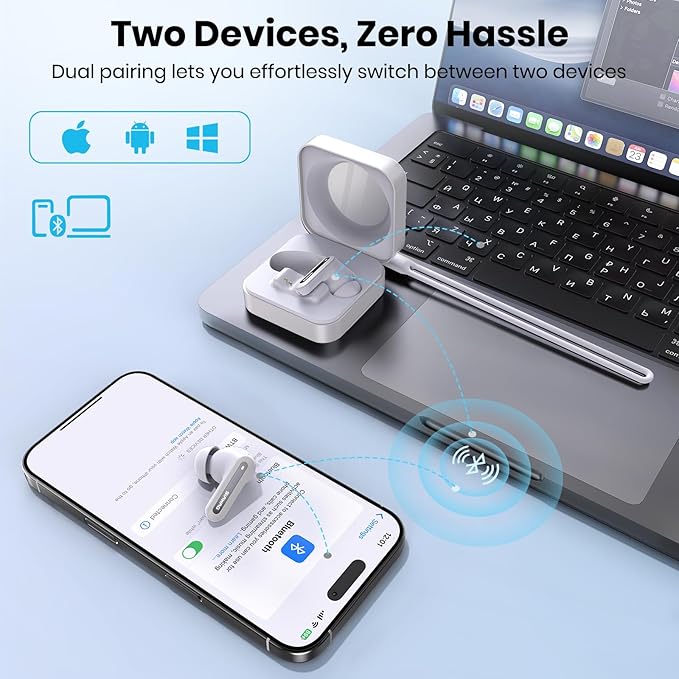 Bluetooth Headphones 5.3 Wireless Earbuds 2-in-1 Case and Phone Stand Noise Cancelling Earbuds Powerful Bass in-Ear Bluetooth 70H Playtime 35dB Hybrid ANC Waterproof for Sports/Workout White