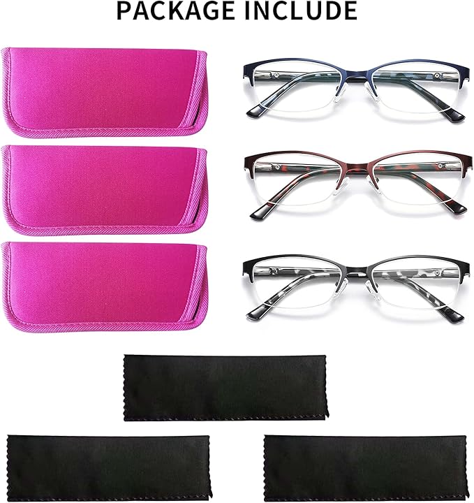 CRGATV 3-Pack Reading Glasses for Women Blue Light Blocking Metal Half Frame Computer Readers Anti UV/Eye Strain/Glare