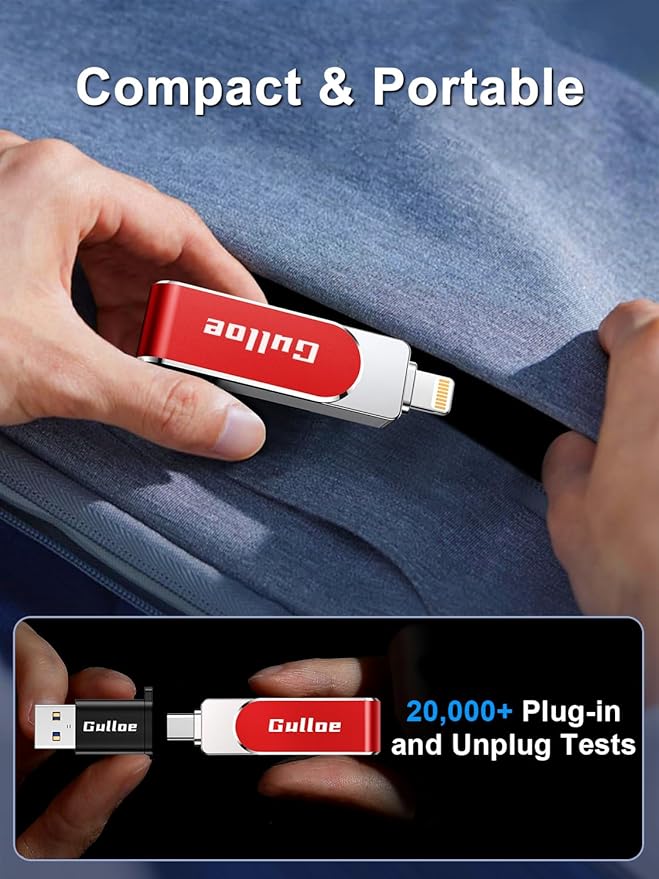 Gulloe 256GB Flash Drive Intended for iPhone, Memory Stick Storage for Photos and Videos Backup, Compatible with iPhone iPad Android PC, Plug and Play, No Application Required (Red)