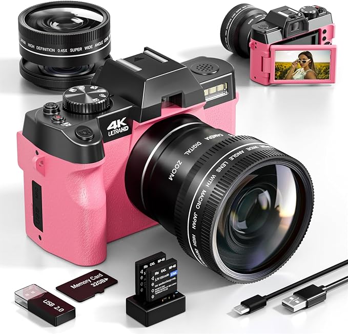 Digital Cameras for Photography with WiFi&App Control, Ture 4K&48MP Vlogging Camera for YouTube,Compact,16X Zoom Autofocus, Anti-Shake for Entry-Level User, Beginners, Macro&Wide Lens-32GB Card (Pink)