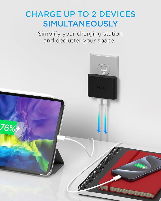 iHome Multiport 40W USB-C Charger, AC Pro 2-Port Flat Block, Dual Fast Charging Wall Adapter