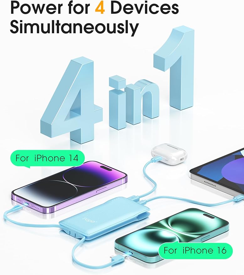 TG90° 10000mAh Power Bank with Built-in AC Wall Plug and Cables, Ultra Slim Phone External Battery Pack Portable Charger Compatible with iPhone and Android Devices