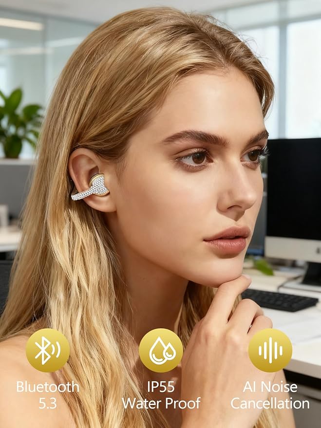 JewelPods C01 Wireless Earbuds,Open Ear Earbuds Jewelry-Inspired Designs Metal Clip-on,Excellent Spatial Audio,Sweat and Water Resistant,72H Play,Yellow Gold