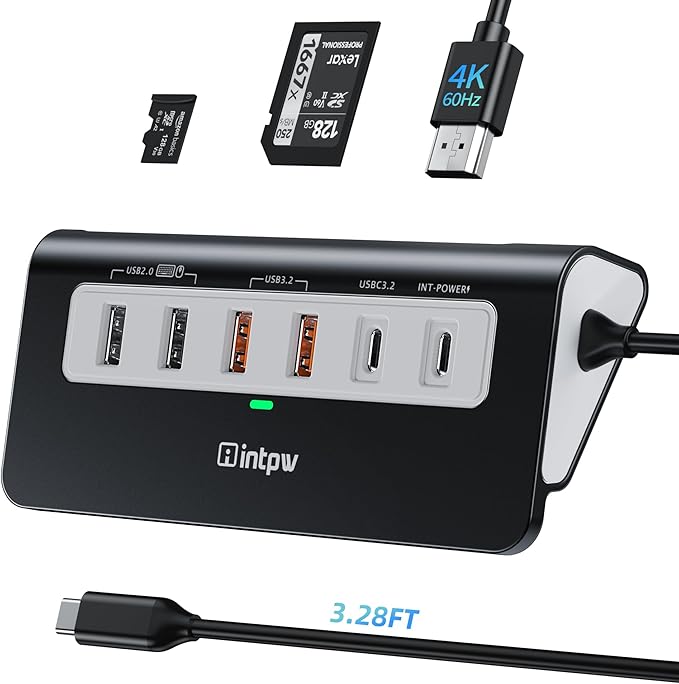 USB C Hub 10Gbps, 9-in-1 USB C Docking station 3.28FT with 4K@60Hz HDMI, Type-C & 2 Type-A 3.2, 2 USB-A 2.0, PD 100W, SD/TF Port, Black Aluminum USB Hub for Laptop, iPhone 16/15, MacBook Air/Pro