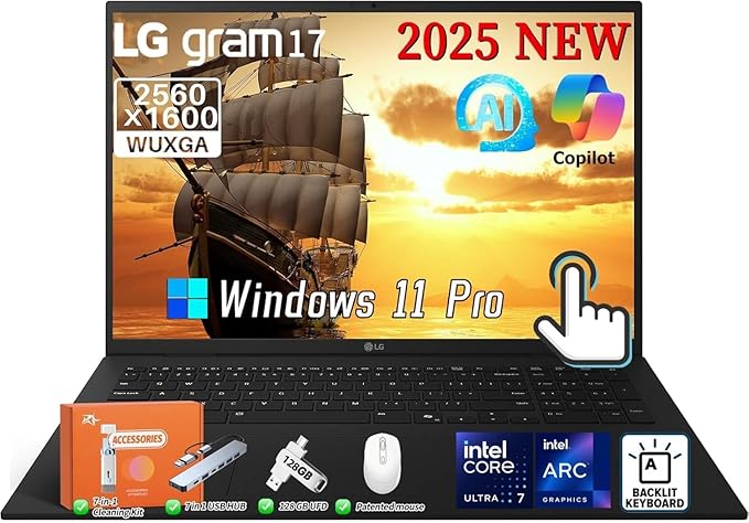 LG Gram 17 2025 Touchscreen Laptop Copilot + PC, Intel Ultra 7 Series 2 258V(Up to 4.8GHz), 17" WQXGA Display, 32 GB LPDDR5X RAM, 1 TB SSD, Intel Arc Graphics, Wi-Fi 7, Windows 11 Pro, w/Accessories
